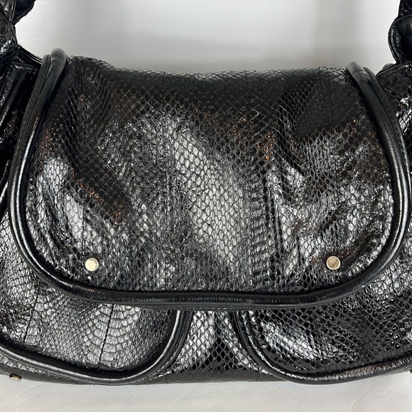 R&Y Augousti Large Black Python Snakeskin Shoulder Bag with Brass Hardware - Picture 3 of 17